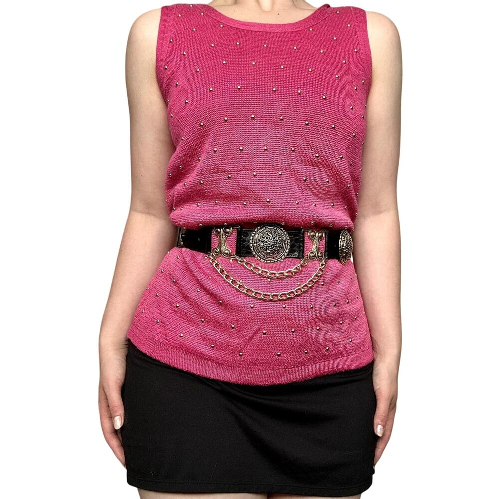 Gorgeous Vintage 70s L Suzelle Raspberry Pink Gold Studded Knit Tank Top Ramie